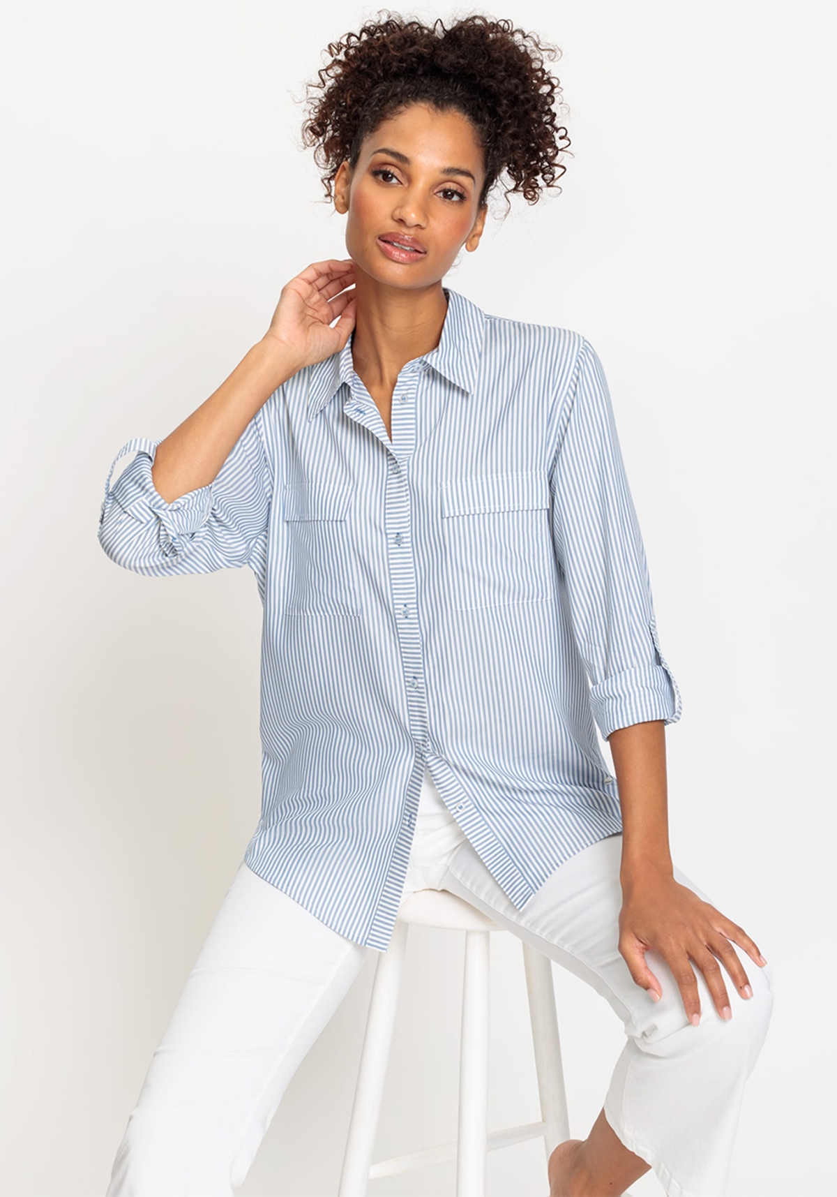 Women's Striped Shirt with Rolled Tab Sleeve - Coronet blue