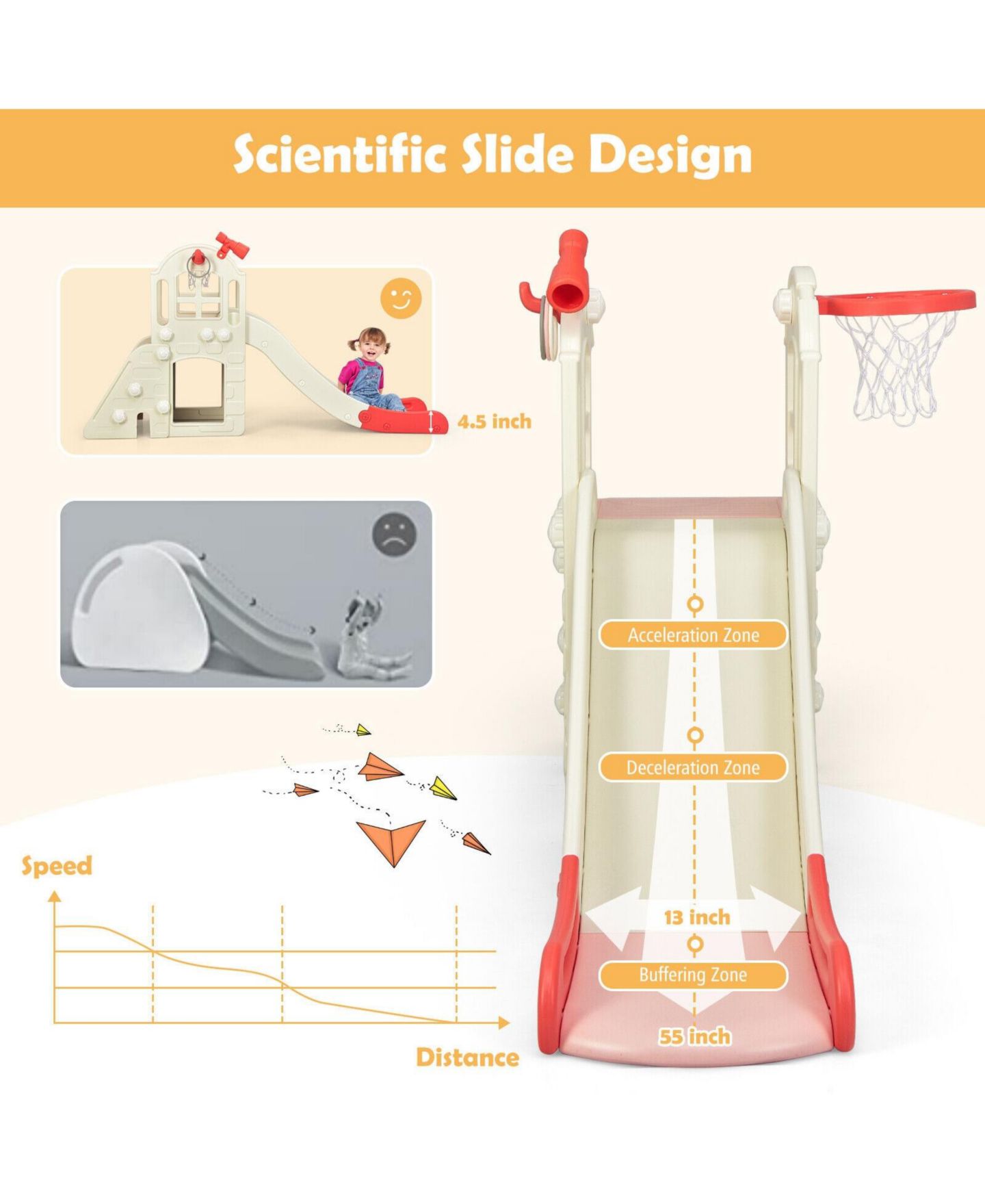 Детский игровой набор SKONYON 6-in-1 Toddler Climber Slide Playset, 75"L x 33"W x 39"H, Ages 3+, цвет: Розовый — фото 9