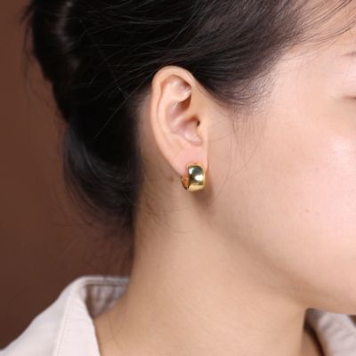 Simple Basic Wide Huggie Hoop Kpop Earrings Gold Plated Sterling Silver Flat Hinge