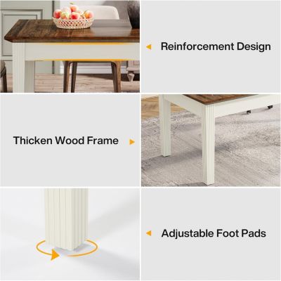 Dining Table for 4-6 People, 62-Inch Rectangular Kitchen Table with Solid Wood Legs, Modern Farmhouse Dinner Table for Dining Room, Kitchen, Living Room, Rustic Brown & White