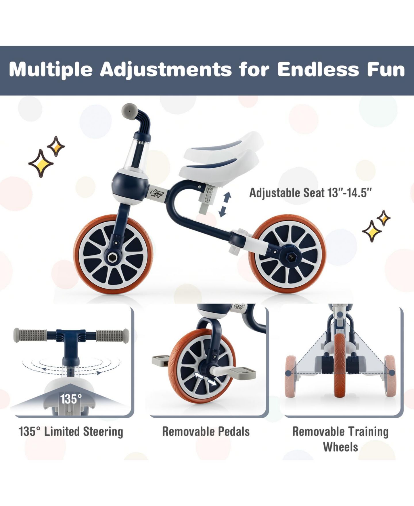 Детская игрушка SKONYON 4-in-1 Adjustable Kids Tricycle with Parent Push Handle, 66-lb Capacity, Ages 2-4 — фото 8