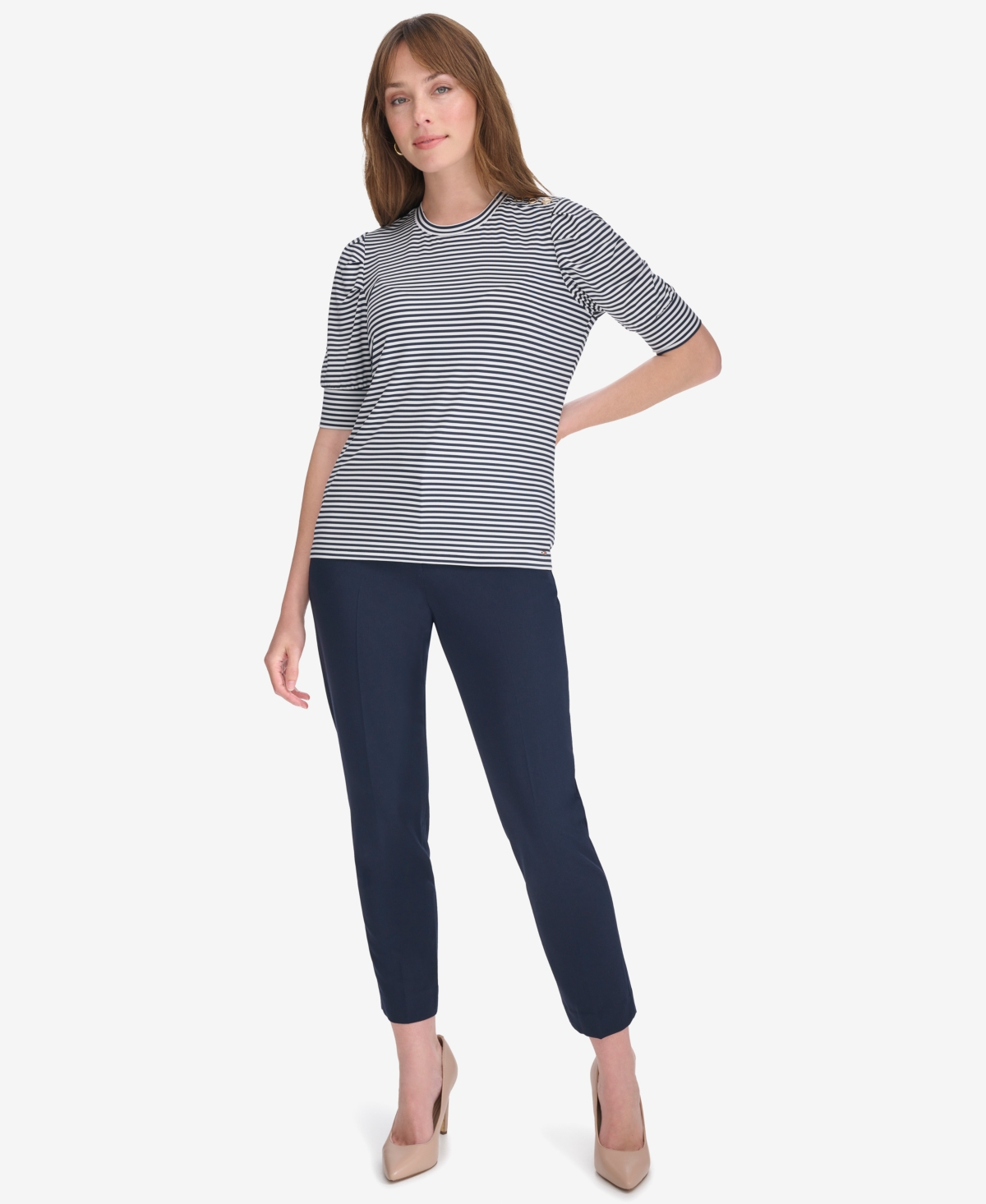 Tommy Hilfiger Women's Striped Blouse With Extended Puff Sleeves In Mdnght,ivr
