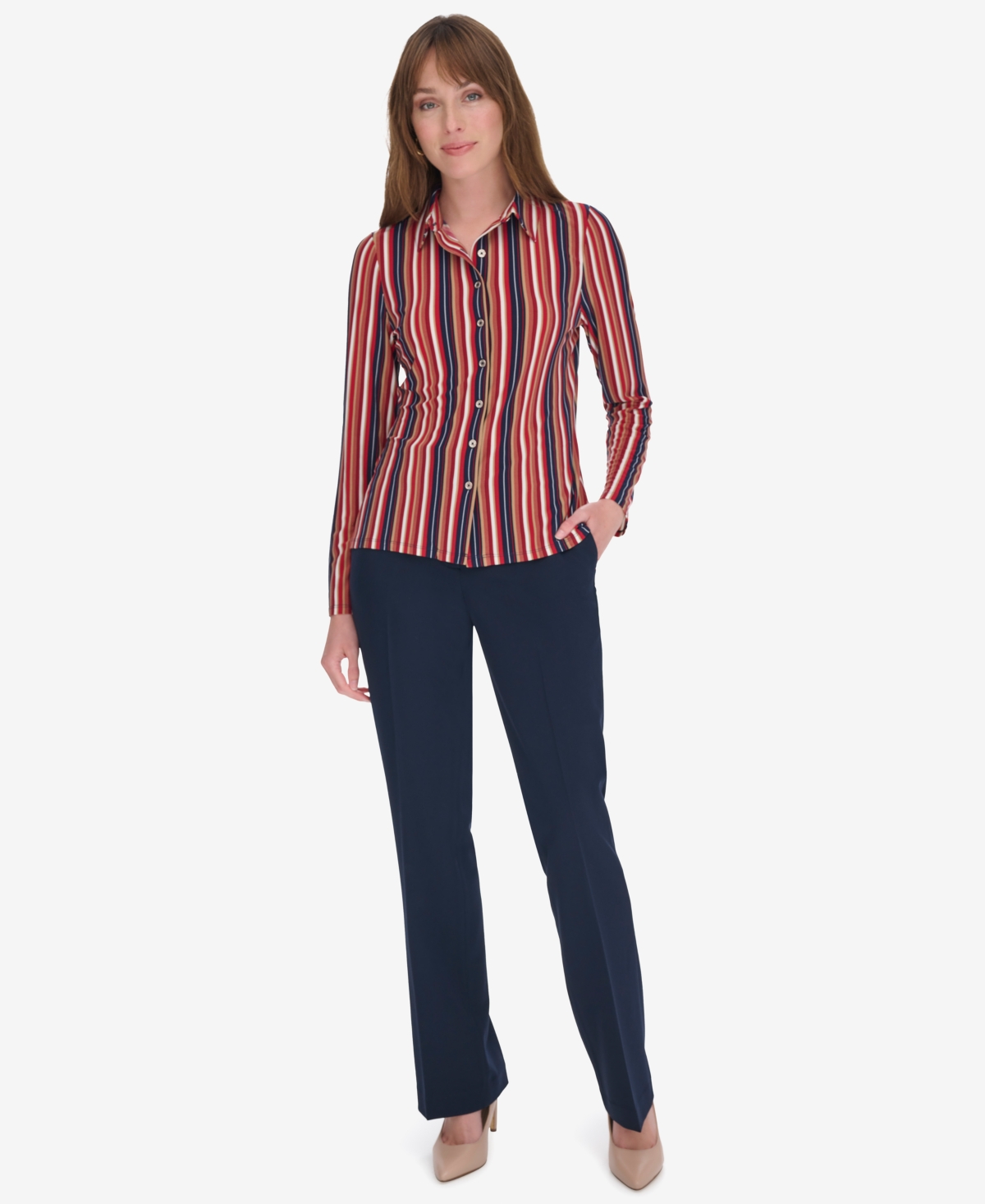 Tommy Hilfiger Women's Striped Button Down In Chili Mult