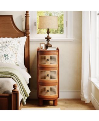 3-Drawer Rattan End Table, Solid Wood Sofa Side Table, Slim Nightstand, Finished Back, No Assembly, Walnut & Oak
