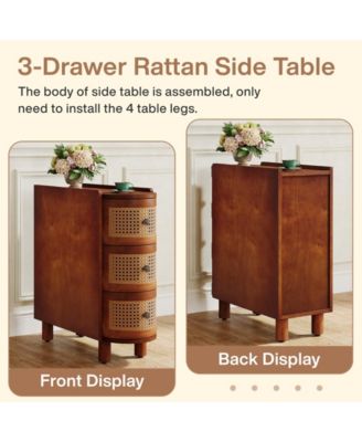 3-Drawer Rattan End Table, Solid Wood Sofa Side Table, Slim Nightstand, Finished Back, No Assembly, Walnut & Oak