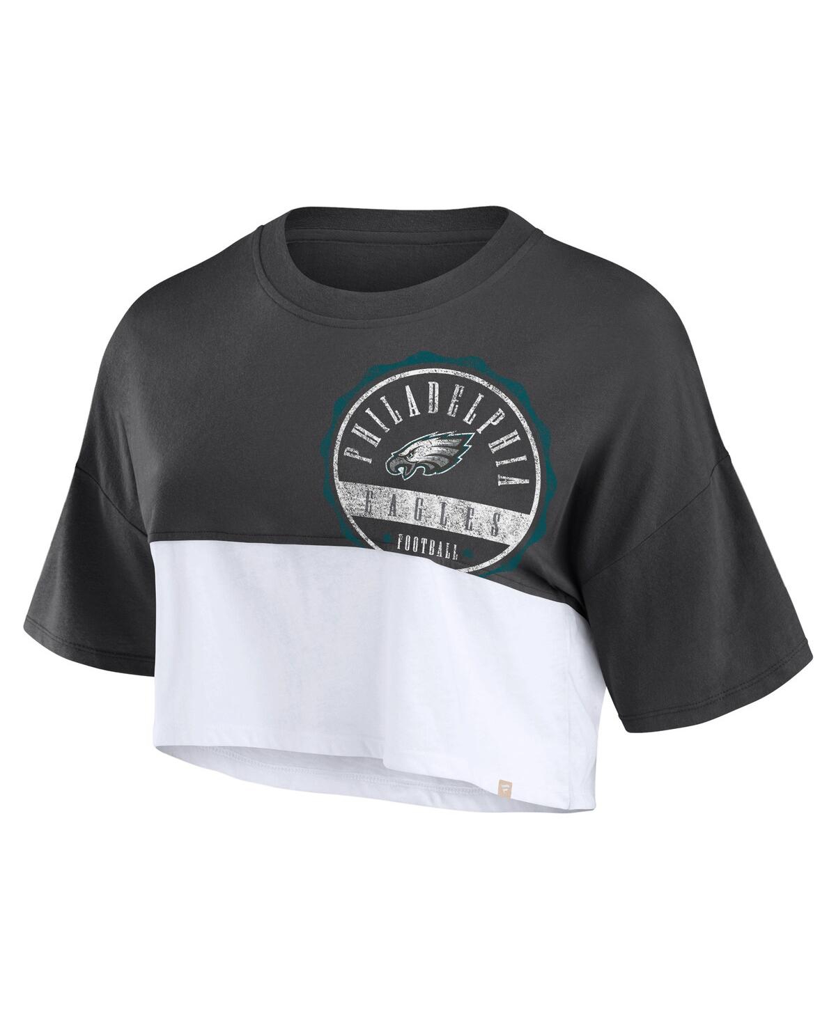 Fanatics Women's Black/white Philadelphia Eagles Boxy Color Split Cropped T-shirt In Black,white
