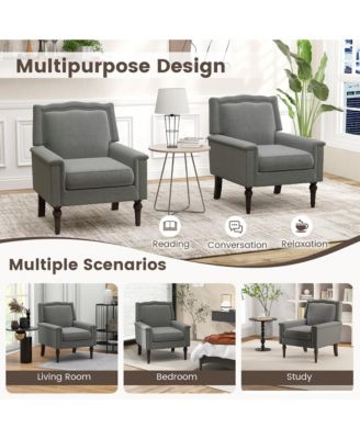  Single Unit Chenille Fabric & Rubber Wood Legs Thick Cushion, Mid-Century Modern Style, Armrest Living Room Armchair