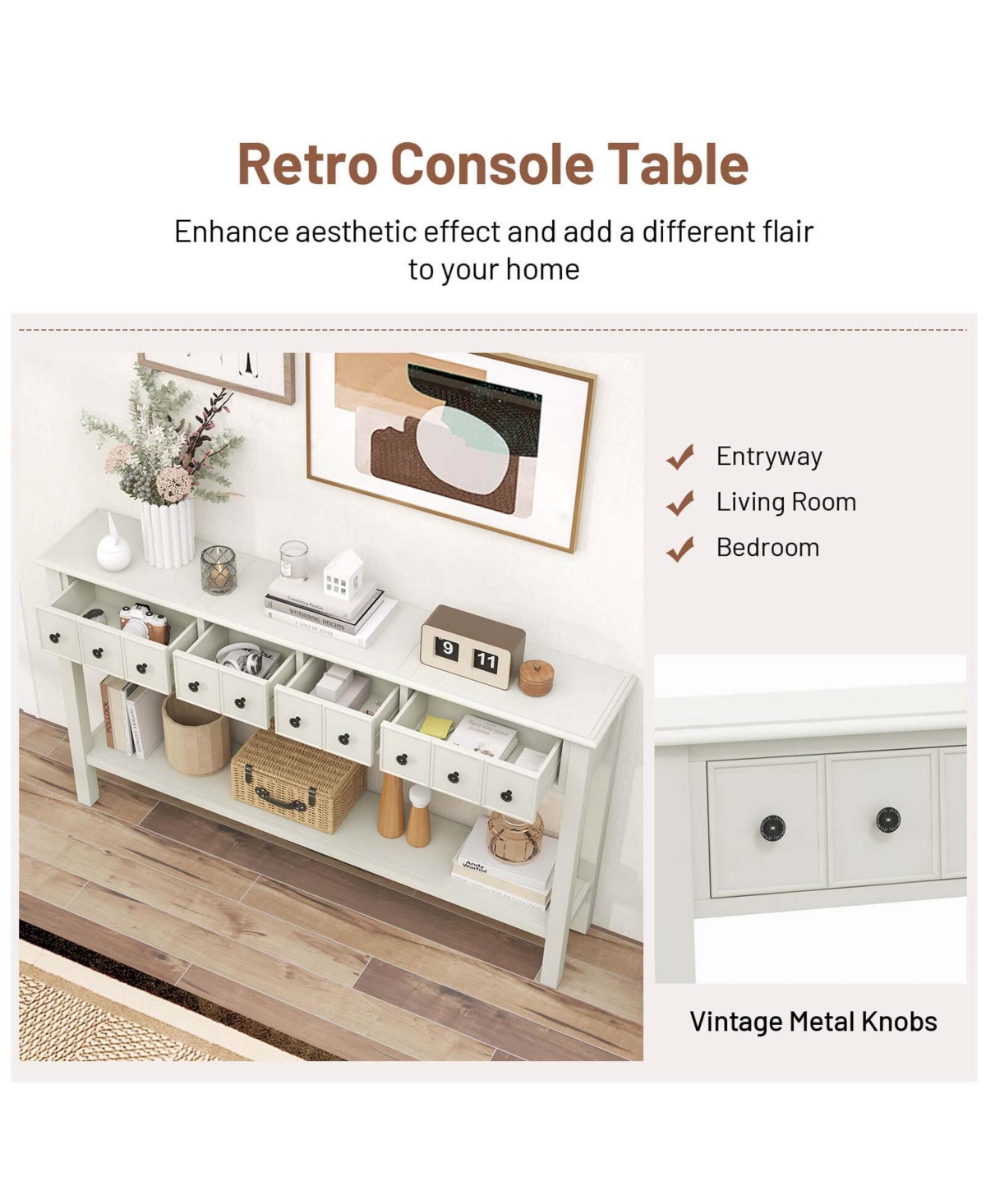 Costway Console Table Retro Entryway Sofa Table with 4 Drawers & Open Shelf Hallway