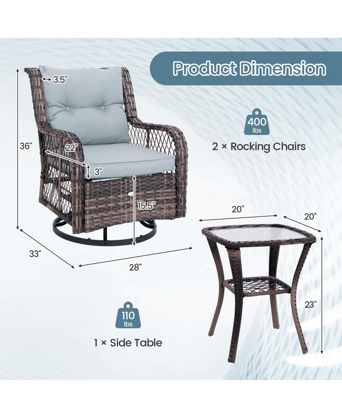 Costway 3 Pcs Patio Furniture Set Rocking Chairs Set of 2 with Glass Top Side Table