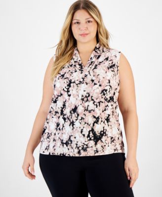 Anne Klein - Plus Size Printed Triple-Pleat V-Neck Top