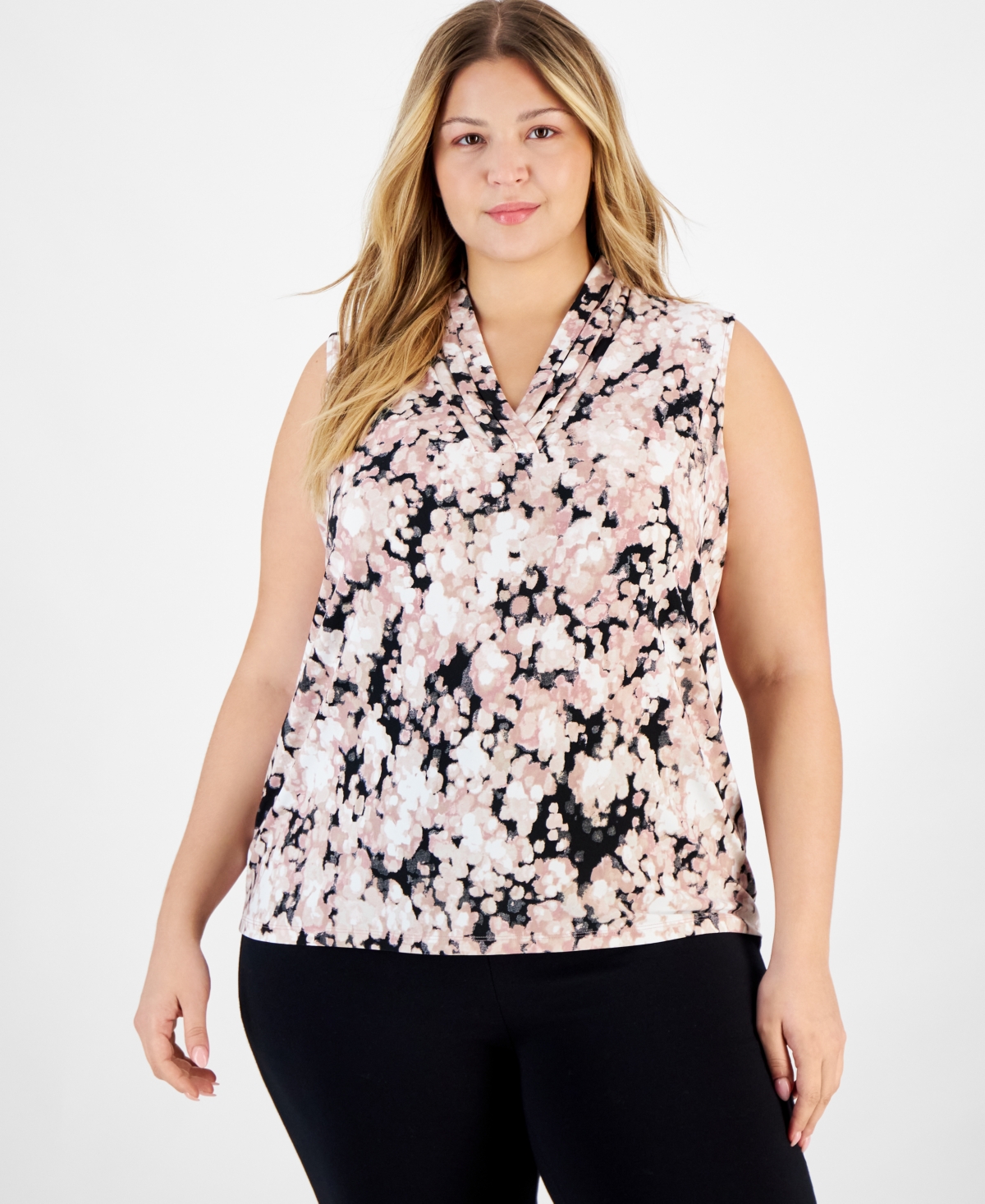 Anne Klein Plus Size Printed Triple-Pleat V-Neck Top