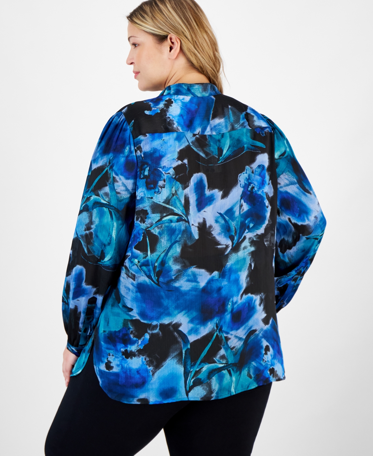 Anne Klein Plus Size Watercolor-Print Long-Sleeve Blouse