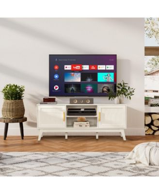 TV Stand Entertainment Media Console w/ 2 Rattan Cabinets & Open Shelves