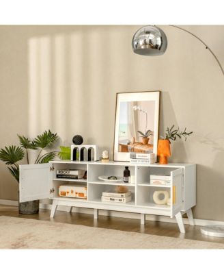 TV Stand Entertainment Media Console w/ 2 Rattan Cabinets & Open Shelves