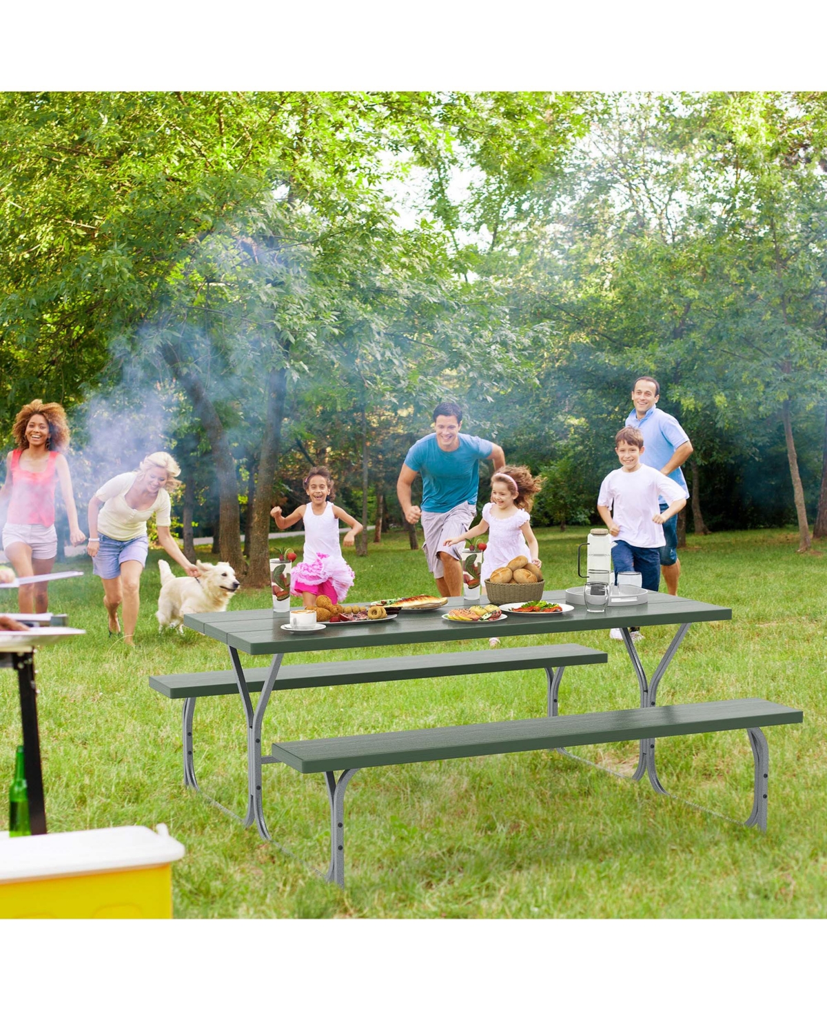 Costway 6 Ft Picnic Table Bench Set Outdoor Dining Table & 2 Benches with Metal Frame