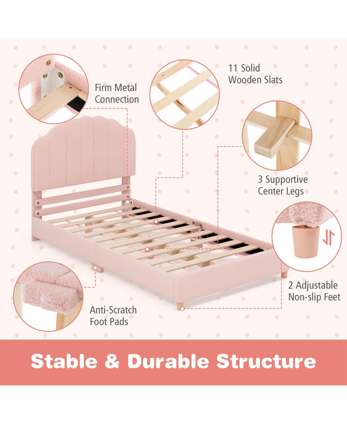 Costway Kids Twin Platform Frame Upholstered Twin with Wooden Slats Support