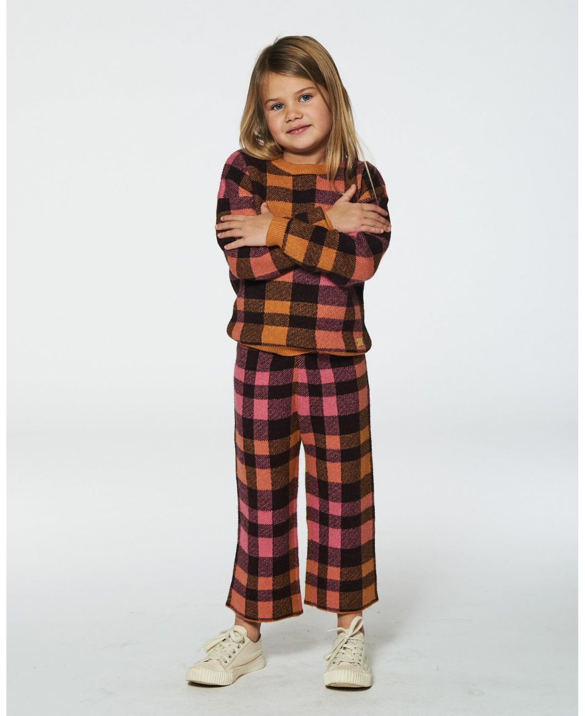 Deux par Deux Big Girls Knit Top Plaid Magenta And Brown - Plaid magenta and brown