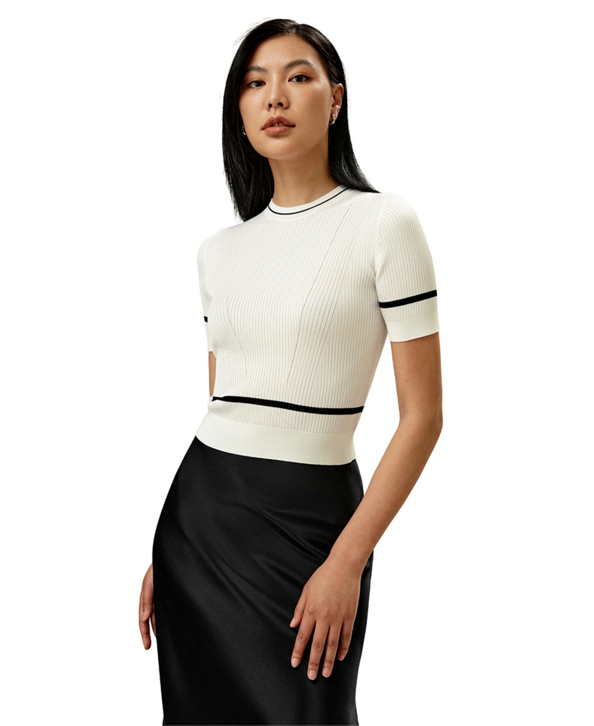 Women's Ribbed Knit Silk Crop Top - White with black stripes