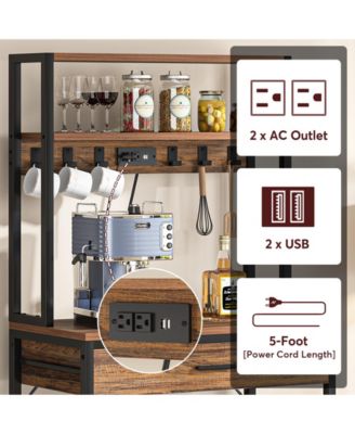 Bakers Rack with Power Outlets, 5-Tier Kitchen Storage Shelf, Microwave Oven Stand with Drawer, Kitchen Rack with 6 Hooks