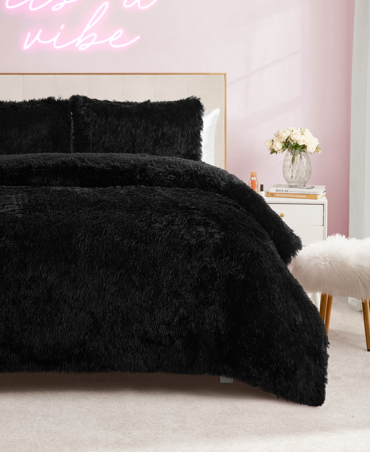 Juicy Couture Shaggy Faux Fur 3-pc. Comforter Set, Full/queen In Black