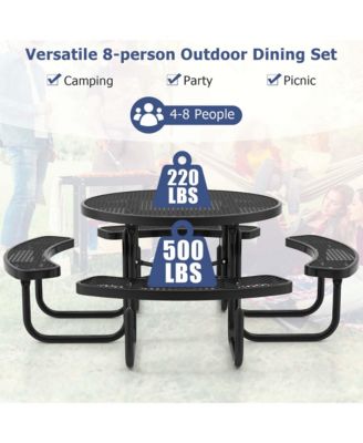 45" Coated Steel Camping Table Outdoor Round Picnic Table & Bench Set for 8