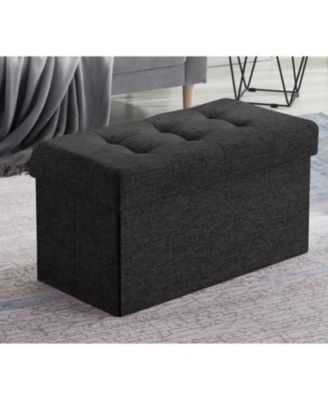 Collapsible Tufted Linen Bench Storage Ottoman