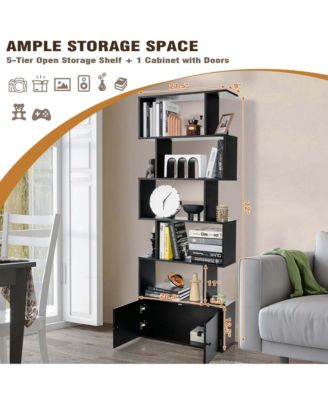 6-Tier S-Shaped Bookcase Storage Rack Bookshelf with Cabinet Anti-toppling Devices