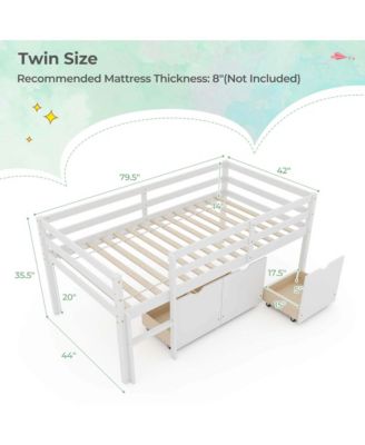 Twin Size Low Loft Bed with 3 Drawers Ladder & Full-length Guardrails Storage