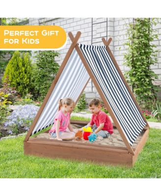 Wooden Sandbox with Canopy Tent Design Fir Wood Frame 2 Bench Seats Bottom