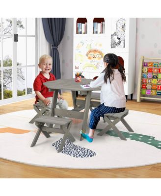 Kids Wooden Table Set with Octagon Table 4 Stools & Removable Adjustable Umbrella