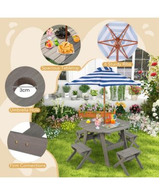 Kids Wooden Table Set with Octagon Table 4 Stools & Removable Adjustable Umbrella