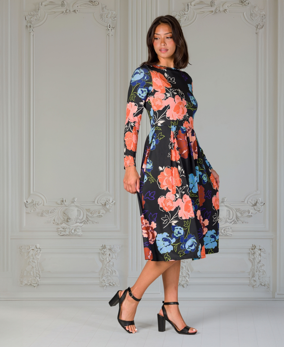 24seven Comfort Apparel Women's Black Floral Midi Length Long Sleeve Pocket Dress In Black Multi