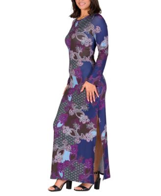 Women's Purple Paisley Long Sleeve Side Slit Fitted Maxi Dress