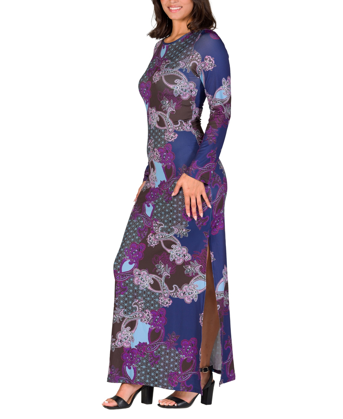 24seven Comfort Apparel Women's Purple Paisley Long Sleeve Side Slit Fitted Maxi Dress In Purple
