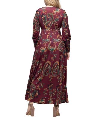 Women's Wine Paisley Print Sleeve A Line Maxi Dress