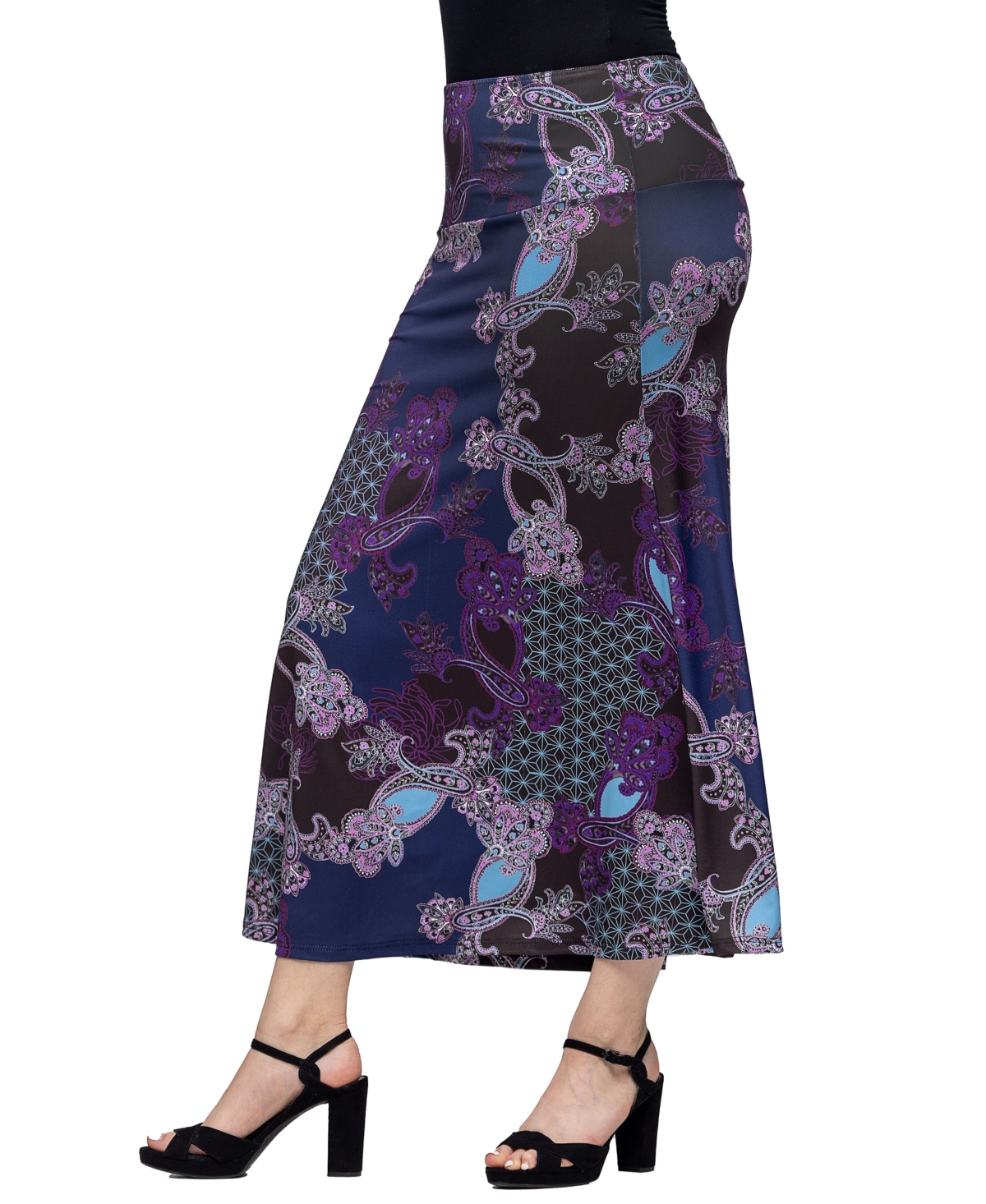 Shop 24seven Comfort Apparel Women's Paisley Print Elastic Waist A Line Maxi Skirt In Purple Multi