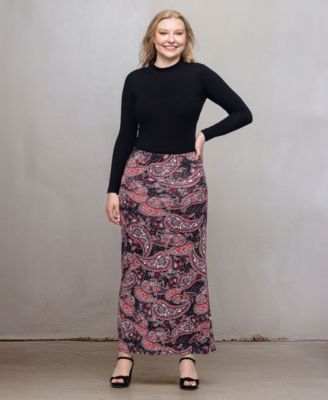 Women's Paisley Print Fold Over Waist Maxi Skirt
