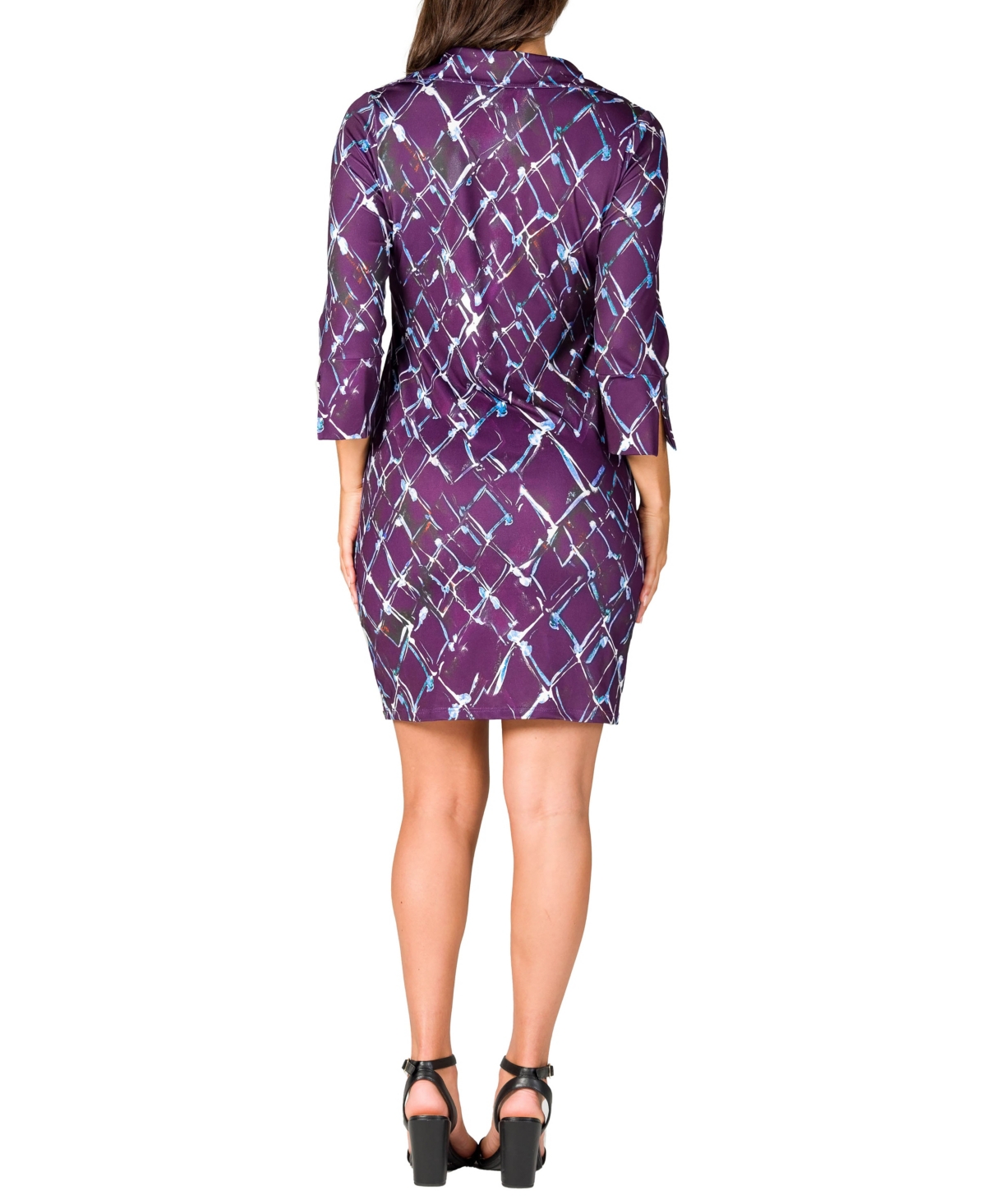 24seven Comfort Apparel Women's Purple Print Three Quarter Sleeve Mini Dress In Purple Multi