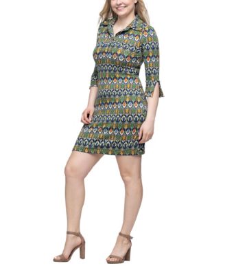 Women's Green Print Three Quarter Sleeve Mini Dress