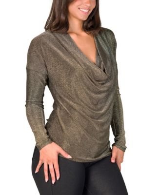 Women's Cowl Neck Long Sleeve Shimmery Fabric Top
