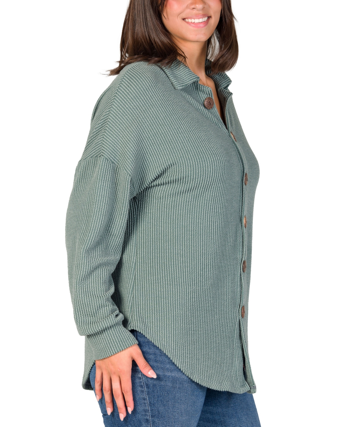 24seven Comfort Apparel Women's Ribbed Button Up Long Sleeve Collared Shirt Jacket In Green