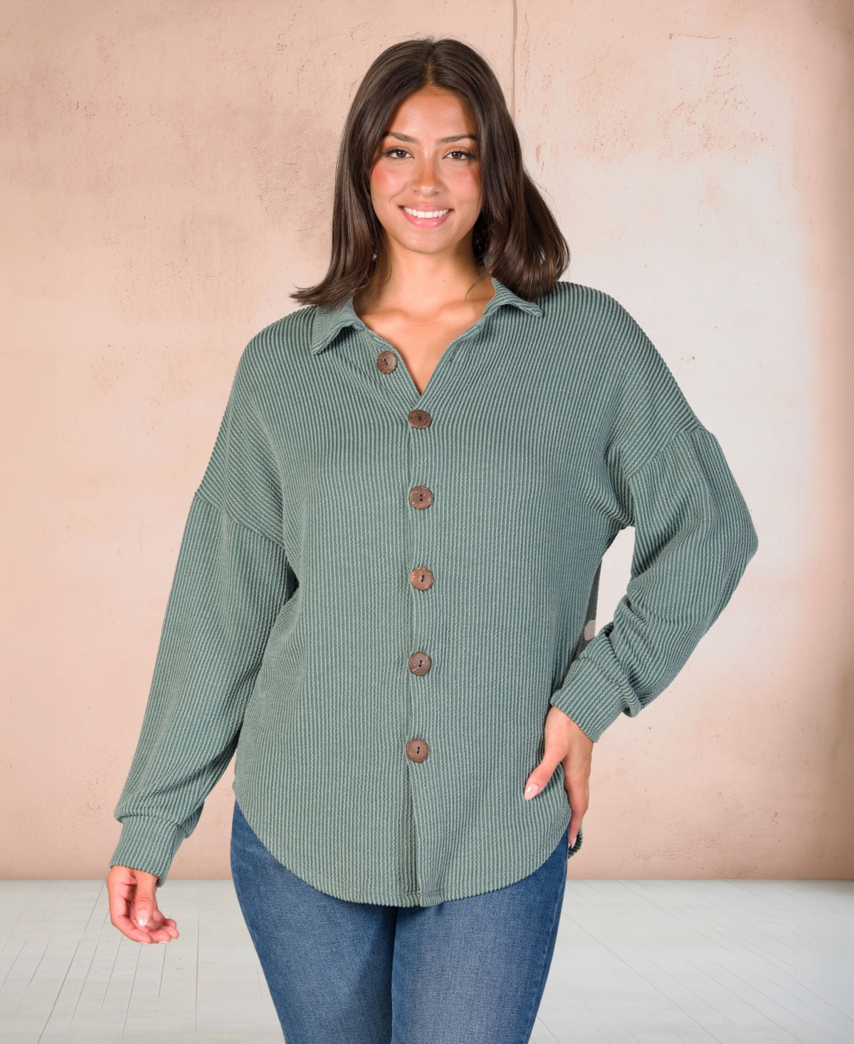 24seven Comfort Apparel Women's Ribbed Button Up Long Sleeve Collared Shirt Jacket In Green