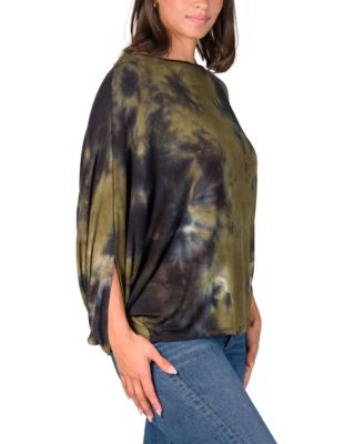 Women's Green Tie Dye Batwing Sleeve Relaxed Fit Top