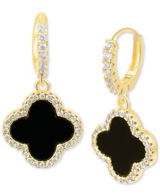 Gold Crystal Halo Colored Clover Dangle Huggie Earrings