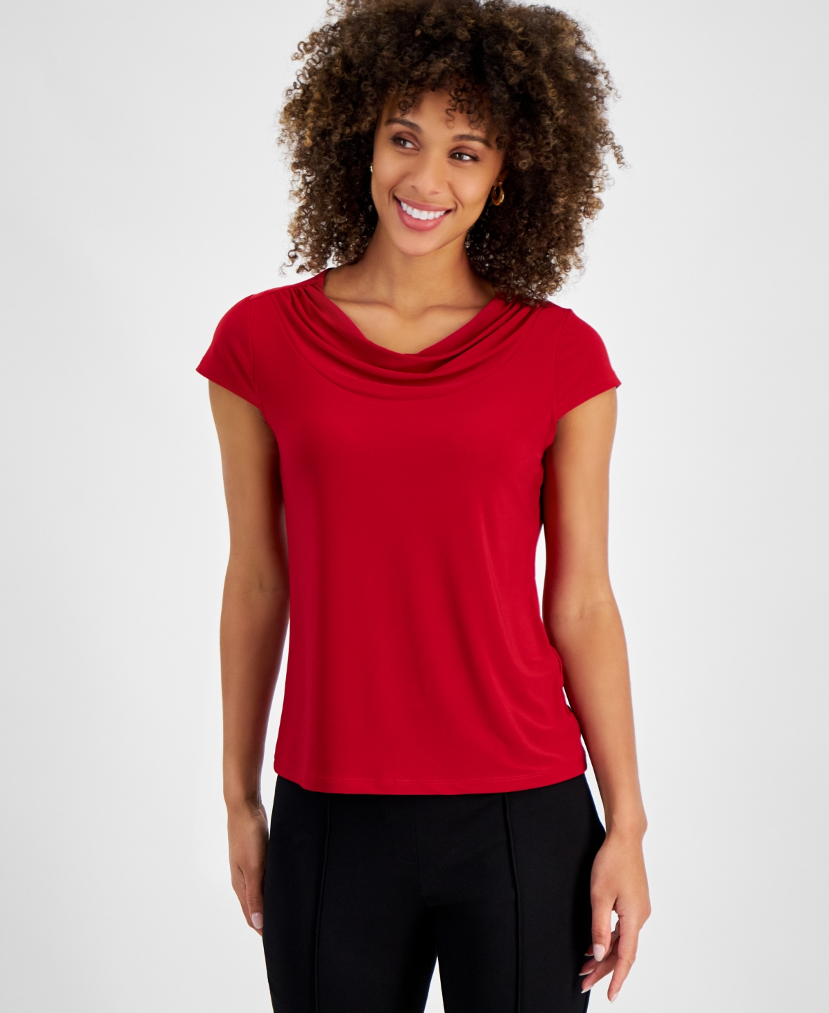 Women's Stretch Knit Cowl-Neck Short-Sleeve Top - Fire Red