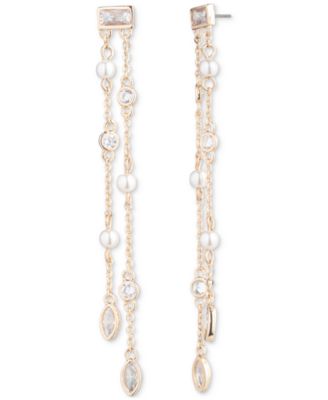 Emily in Paris - Gold-Tone Cubic Zirconia & Imitation Pearl Double-Row Linear Drop Earrings