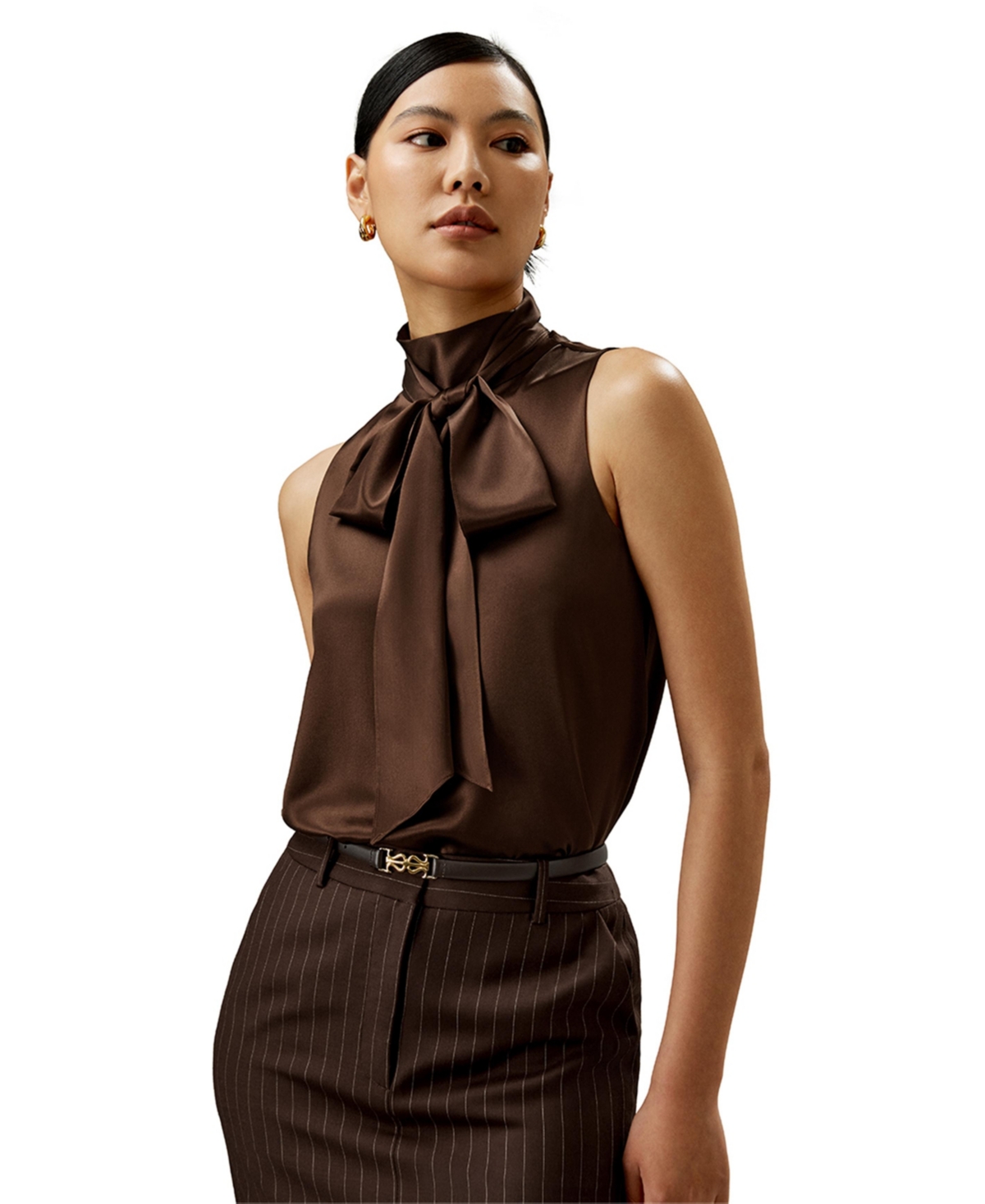 Women's Sleeveless Tie-Neck Silk Blouse - Chocolate