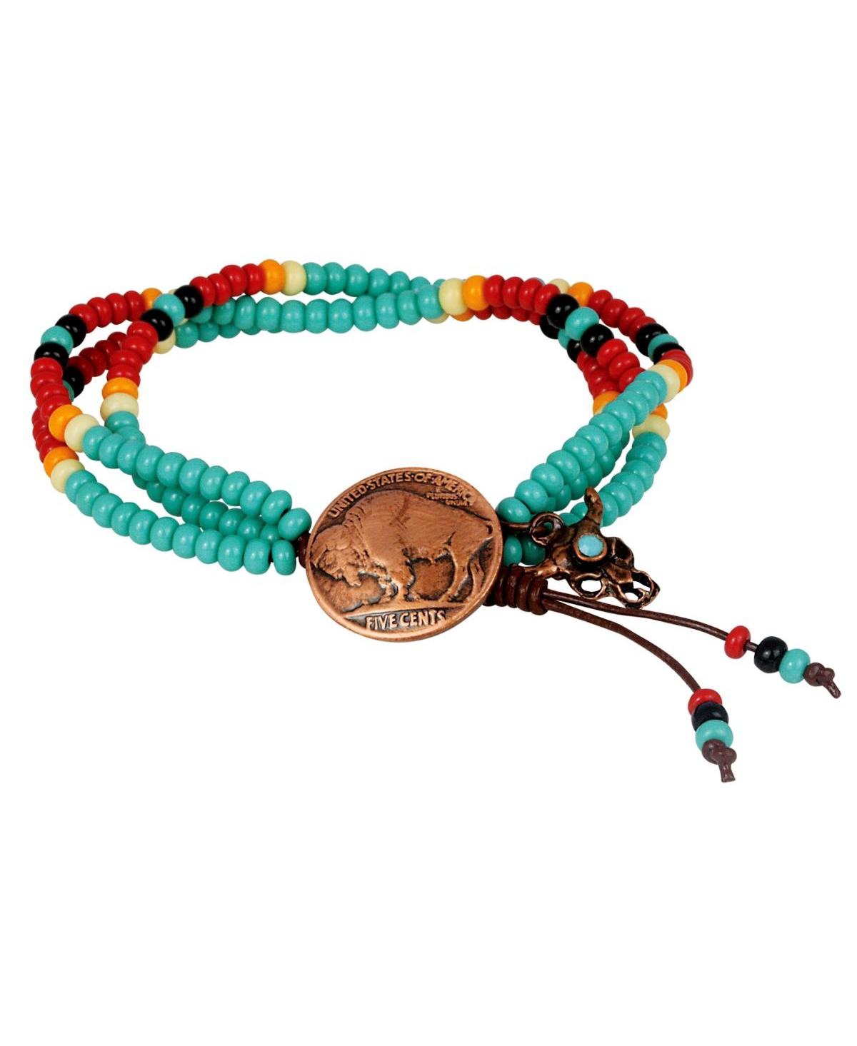 16325 Buffalo Nickel Coin Leather Multi Strand Czech Bead Bracelet - Silver
