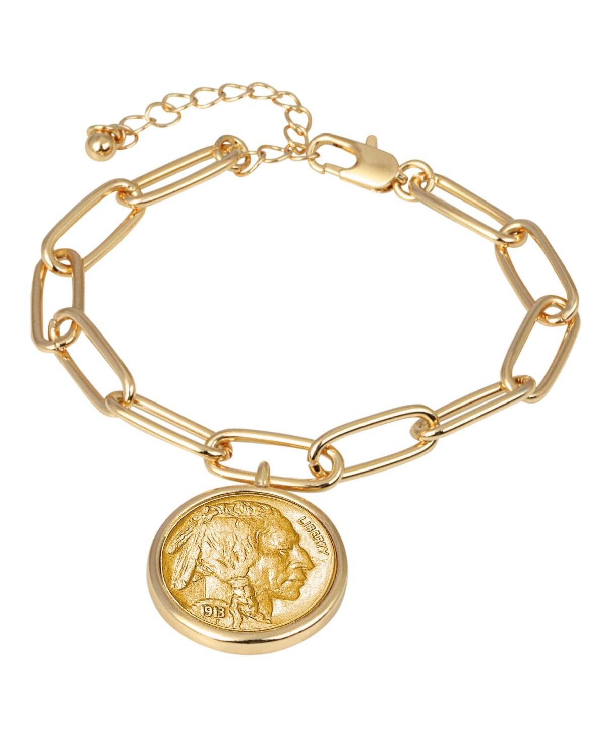 16459 Gold Layered Buffalo Nickel Coin Goldtone Elongated Link Bracelet - Silver