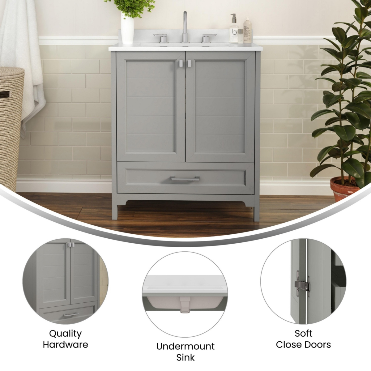 Merrick Lane Argos Single Sink Bathroom Vanity With Undermount Basin, Soft-Close Cabinet, Easy-Glide Drawer, And Carrara Marble Finish Countertop - Gr